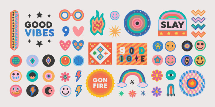 Colorful retro sticker pack illustration with playful shapes text and whimsical designs high quality professional