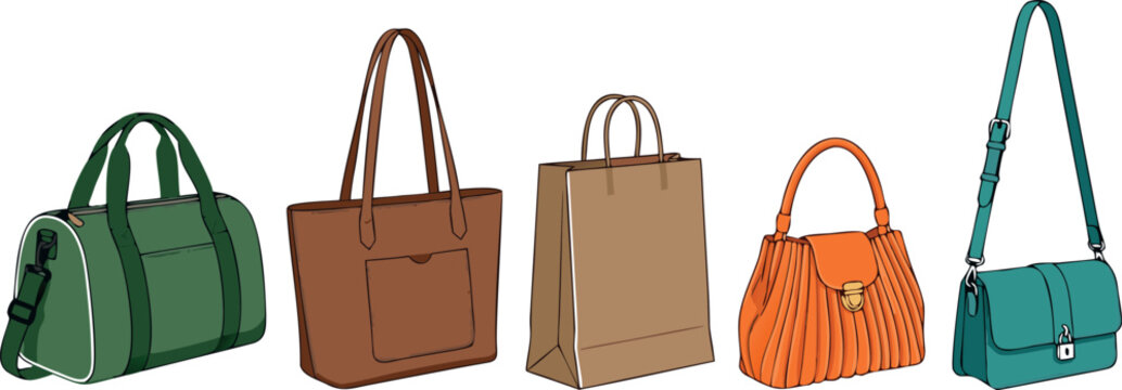 Collection of modern women fashion handbags featuring various styles including tote duffel shoulder and shopping bag designs.