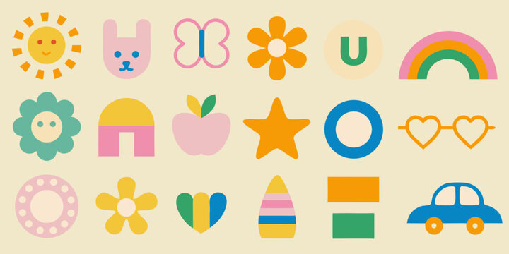 Colorful minimalist icons set including sun flower rainbow and car flat vector illustration high quality