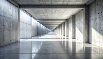 Obraz premium A long, minimalist concrete corridor bathed in natural light, showcasing modern architecture and striking shadows.