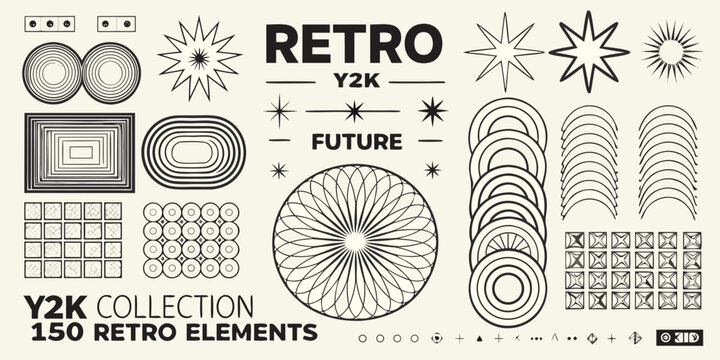 Retro futuristic graphic elements collection black and white abstract geometric shapes and patterns high quality