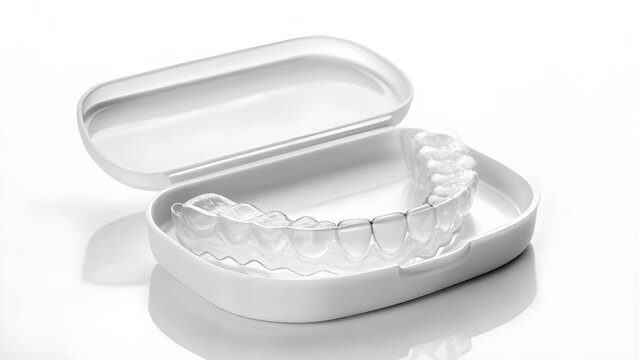Dental Retainer In Transparent Case On White Background, Clean Medical Product Presentation Highlighting Hygiene And Modern Dental Care