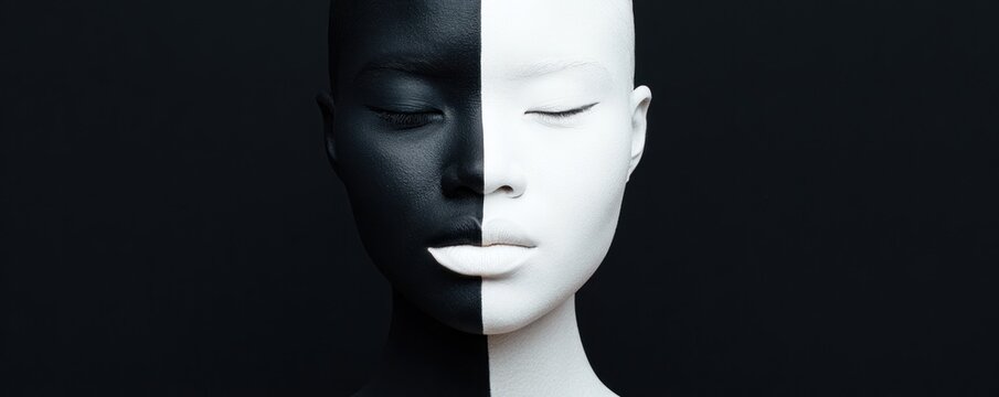 Artistic half black half white woman facial portrait with closed eyes and neutral expression symbolic identity contrast for emotional awareness and modern conceptual art use