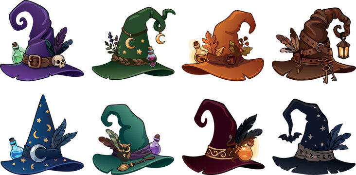 Set of detailed magical witch hats with mystical potions skulls feathers and celestial decorations for fantasy design.