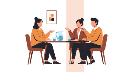 Fototapeta premium Illustration of three people sitting at a table engaged in conversation with a pitcher and cups on the table