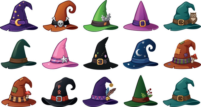 Collection of colorful cartoon witch hats with magical decorations for Halloween celebrations and fantasy character design.