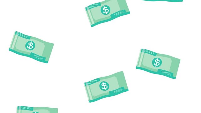 Falling dollar bills motion graphic footage cash flow animation on white background showing wealth and financial success.