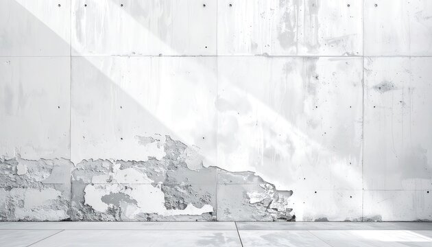 A bright, distressed concrete wall with peeling plaster and dappled light creating an urban industrial backdrop.