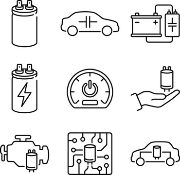 Set of thin line icons related to supercapacitors, electric vehicle energy storage, and automotive electronic components