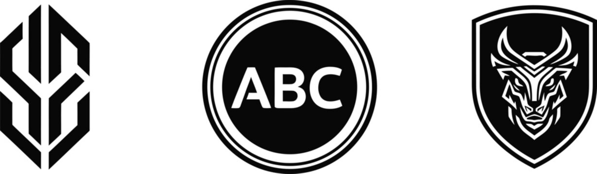 Set of modern black and white logos with geometric and animal designs