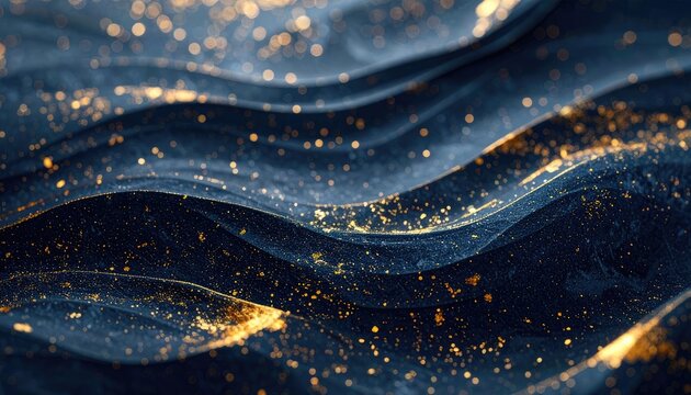 An elegant abstract background featuring dark blue waves shimmering with golden glitter and bokeh lights.