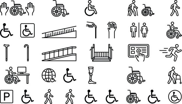 Accessibility and disability support outline icon set featuring wheelchair ramps inclusive facilities and mobility assistance symbols
