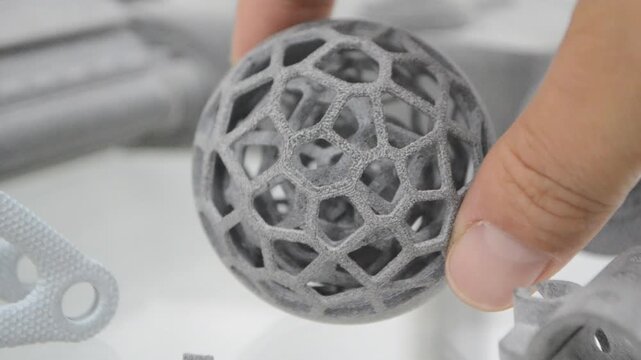 Person putting model printed on 3D printer to other models printed on 3D printer close-up. Three-dimensional object gray color printed on 3D printer. Technology MJF. Modern new innovation technology