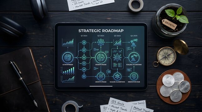 Strategic roadmap on digital tablet surrounded by business tools and crypto coin.