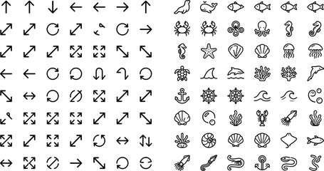 Arrow navigation and marine outline icon set featuring directional symbols sea animals ocean elements and nautical icons © MdNazmul