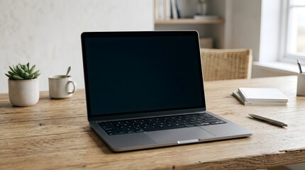 Fototapeta premium Laptop on a wooden desk with succulent and coffee cup.