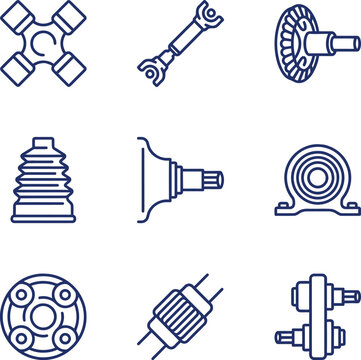 Automotive drivetrain and mechanical transmission parts icon set vector line icons of universal joint, driveshaft, gear, cv boot, and bearing