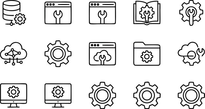 Set of linear icons representing technical support system configuration maintenance and data management for web development projects.