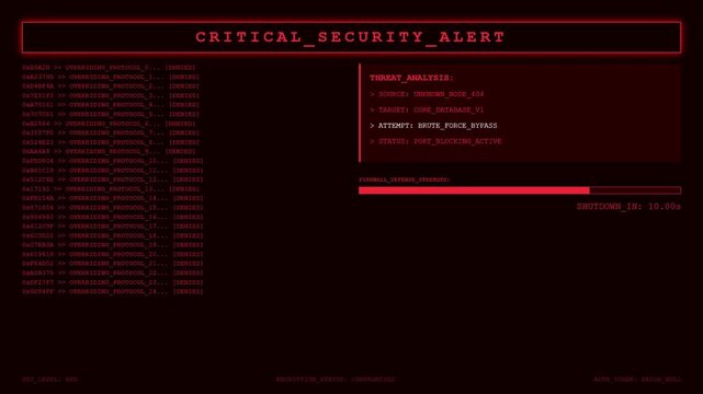 Cybersecurity System Intrusion Warning Screen with Red Digital HUD Interface and Brute Force Attack Data.