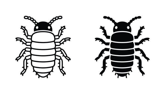 Isopod crustacean bug vector illustration set featuring detailed woodlouse insect in clean line art and solid silhouette style for biological graphic design