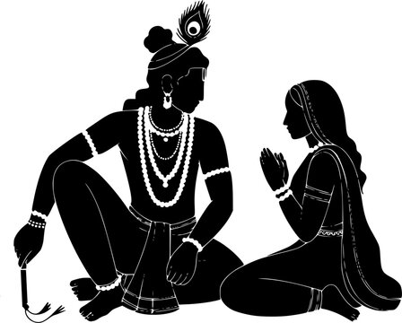  Lord Krishna and devoted woman silhouette sitting together with peacock feather and garland, sacred Hindu divine couple black vector illustration for spiritual and devotional print design