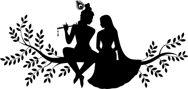 Lord Krishna playing flute with Radha sitting on tree branch surrounded by leaves, sacred Hindu divine couple Radha Krishna black silhouette vector illustration for wall art and print design