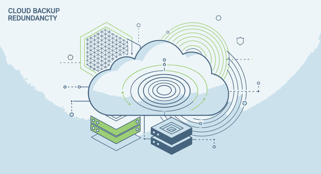 Isometric illustration of cloud backup redundancy and data storage servers