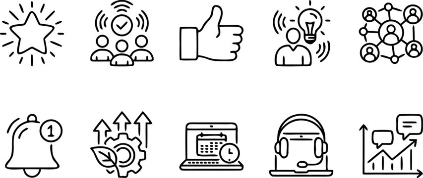 Collection of linear icons representing social media engagement business networking growth analytics and digital communication concepts for web.