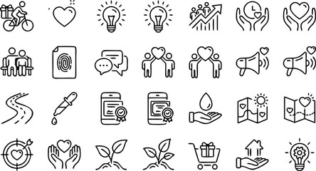 Fototapeta premium Large collection of linear icons representing social care community support environment business growth and humanitarian aid concepts for design.