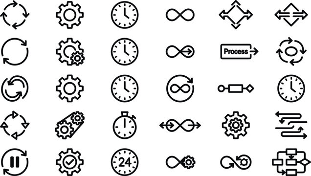 Business process and workflow automation line icon set featuring gears infinity symbols progress arrows clocks and time management elements isolated on white background for corporate management