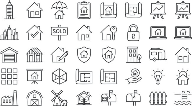 Large set of real estate icons featuring property sales home insurance architecture planning and residential construction symbols for business design.