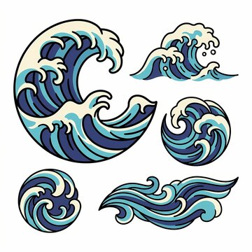 Illustration of various Japanese tattoo wave designs in different shapes and sizes