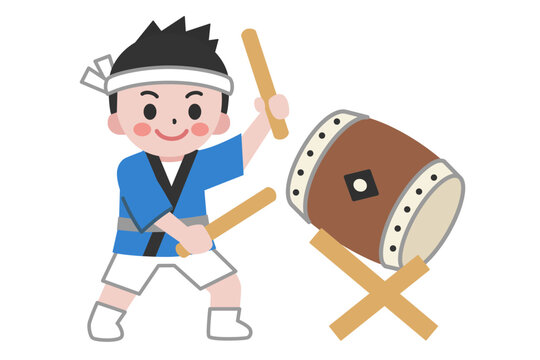 お祭りの法被を着た、太鼓を演奏する男性（主線なし）
