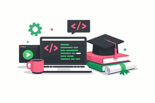 Online education and e learning concept featuring laptop graduation cap and programming code. Ideal for coding bootcamp ads, digital school platforms, and student learning guides.