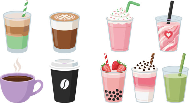 Coffee and smoothie drinks collection set with latte milkshake bubble tea and iced beverages, colorful vector illustration for cafe and menu design