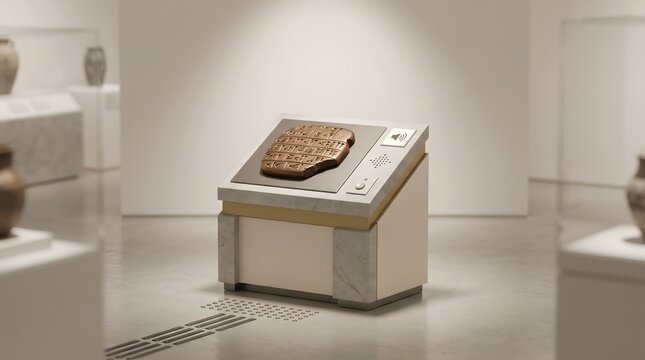 Tactile museum exhibit for blind visitors with raised relief display on pedestal. Gallery space with white walls and soft lighting. Wide angle view with copy space.