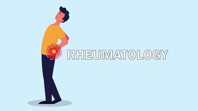 Man experiencing back pain and discomfort in his lower back area with the word rheumatology appearing.