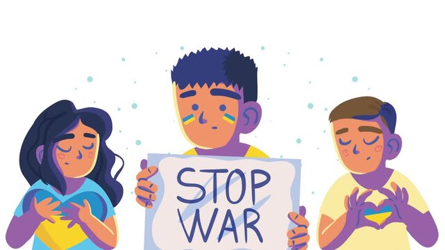 Animated three people protesting against invasion holding stop war sign and wearing ukraine colors.