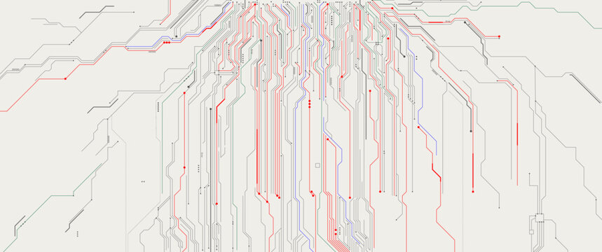 Abstract circuit board pattern with vertical colorful digital pathways in red, blue and green flowing downward from top on light beige background for technology and AI concept