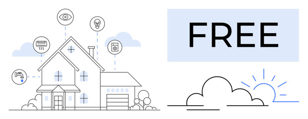 Smart homes, energy efficiency, connected living, technology solutions, home automation, IoT. Modern house with smart device icons and Free text. Smart homes and energy efficiency concept © robu_s