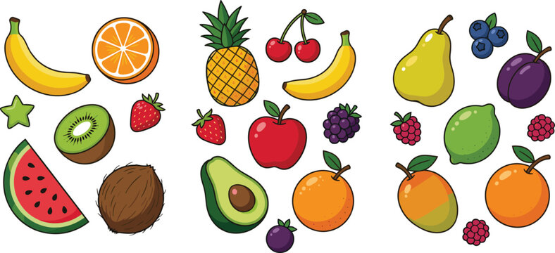 Colorful tropical fruit vector illustration set featuring banana pineapple apple orange kiwi berries and fresh healthy food collection