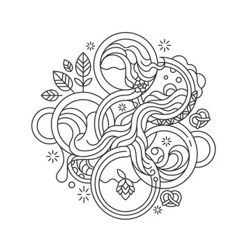 Intricate line art with hops, wheat, pretzels, and leaves on transparent background.
