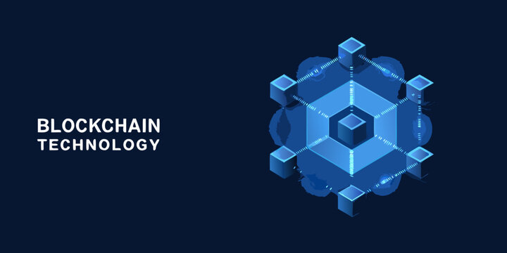 3d blockchain network structure with interconnected hexagonal nodes on a dark blue background high quality