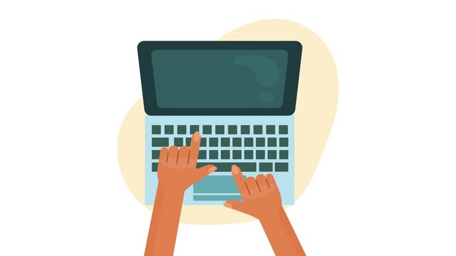Hands typing on laptop keyboard, close-up overhead view, motion graphic animation.