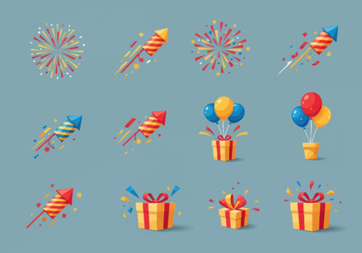 Colorful fireworks and gift boxes celebration.