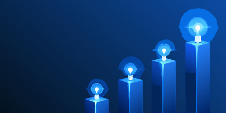 3d isometric bar chart with four columns and glowing lightbulb tops on blue background