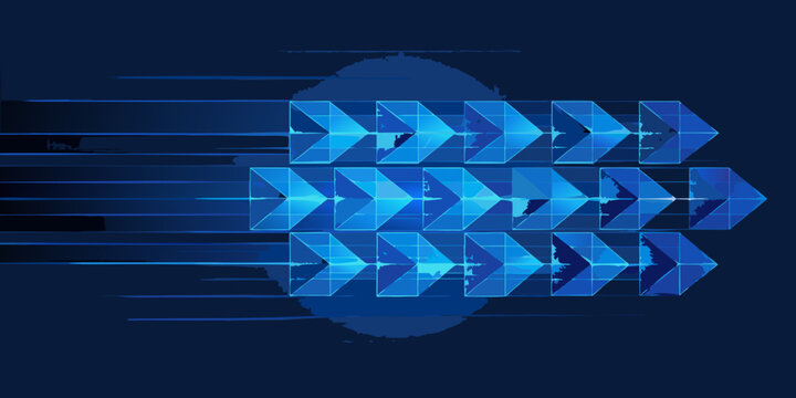3d grid of translucent blue cubes with arrow shapes against a dark blue background