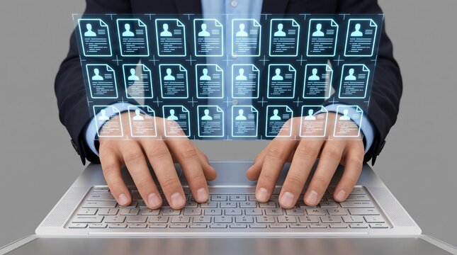  Digital recruitment platform with automated candidate screening tools HR manager evaluating applicants using hiring management system