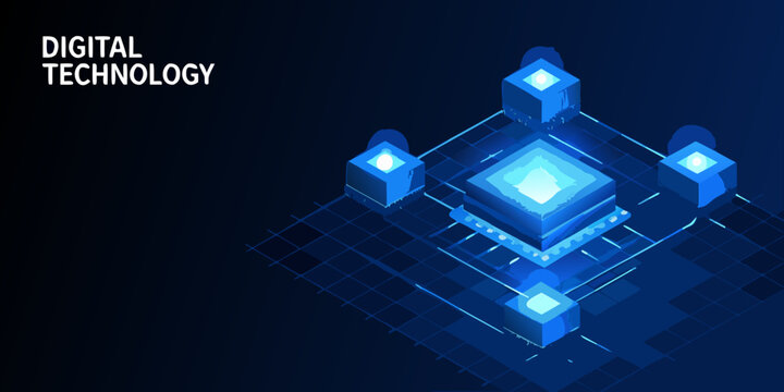 Isometric microchip with surrounding circuit board components on a dark blue background high quality professional