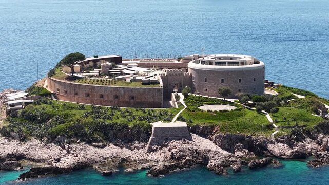 Mamula Island, Montenegro. Drone Shot of Old Fortress Walls Turned Into Modern Resort With Heliport and Swimming Pools